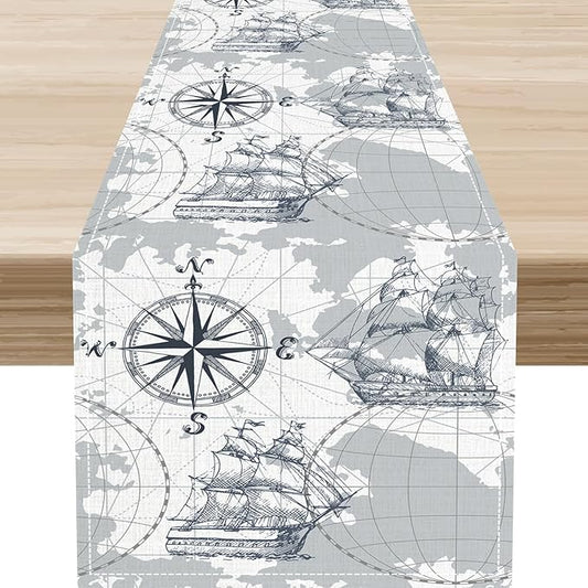 Nautical Table Runner, Retro Coastal Treasure Map Sailing Ship Compass by Unknown