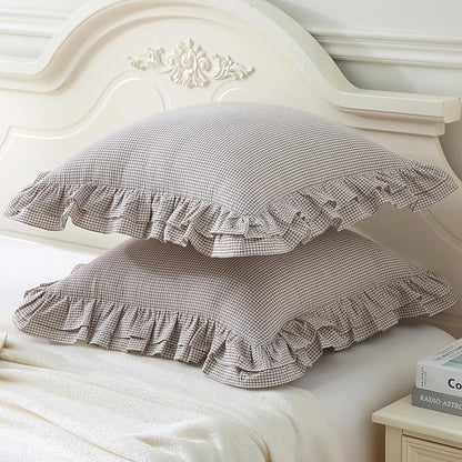 Aryeleay 2 Pack Brown White Plaid Gingham Ruffle Pillow Shams, 100% Washed - Image 2