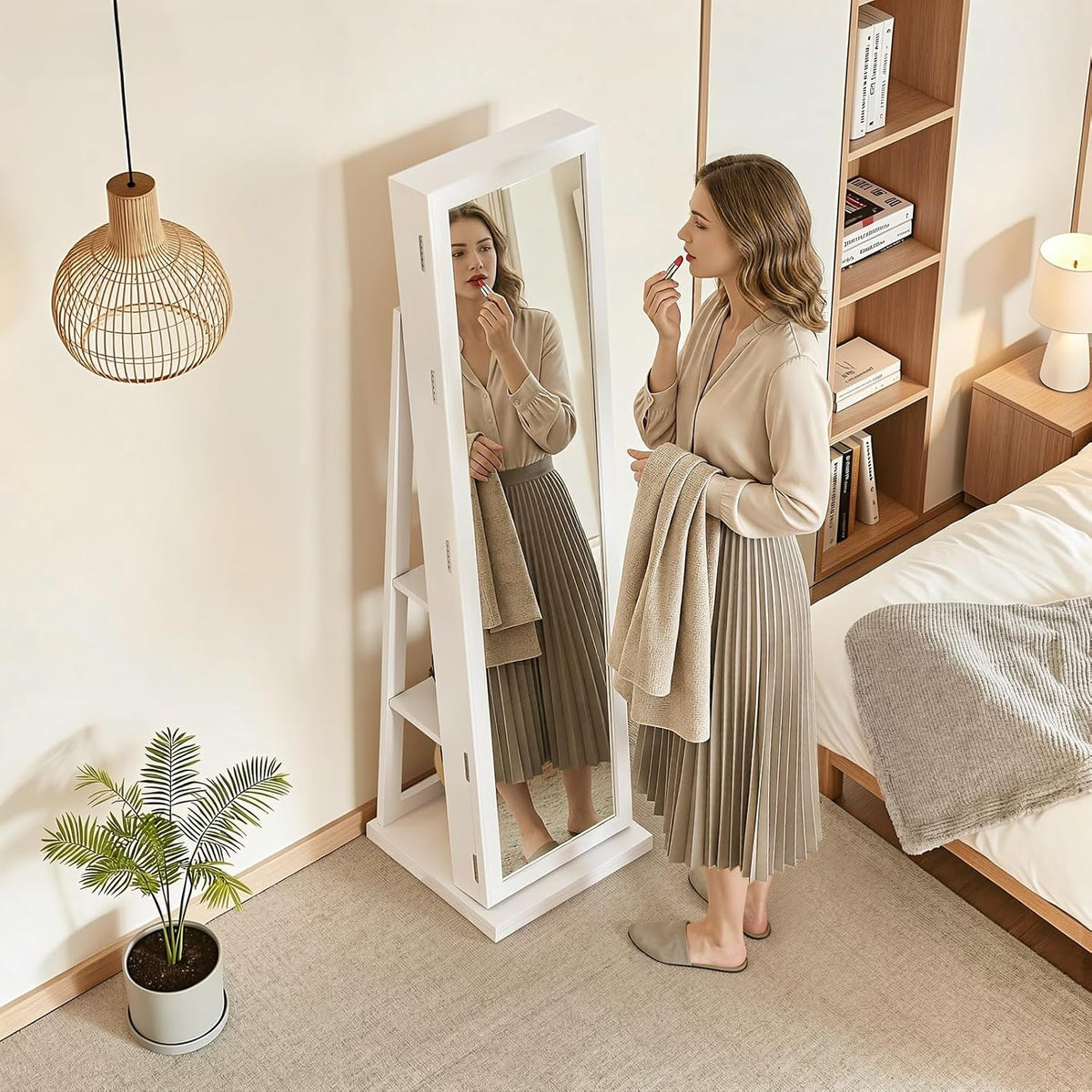 4-in-1 jewelry armoire with jewelry organizer storage, white, side view