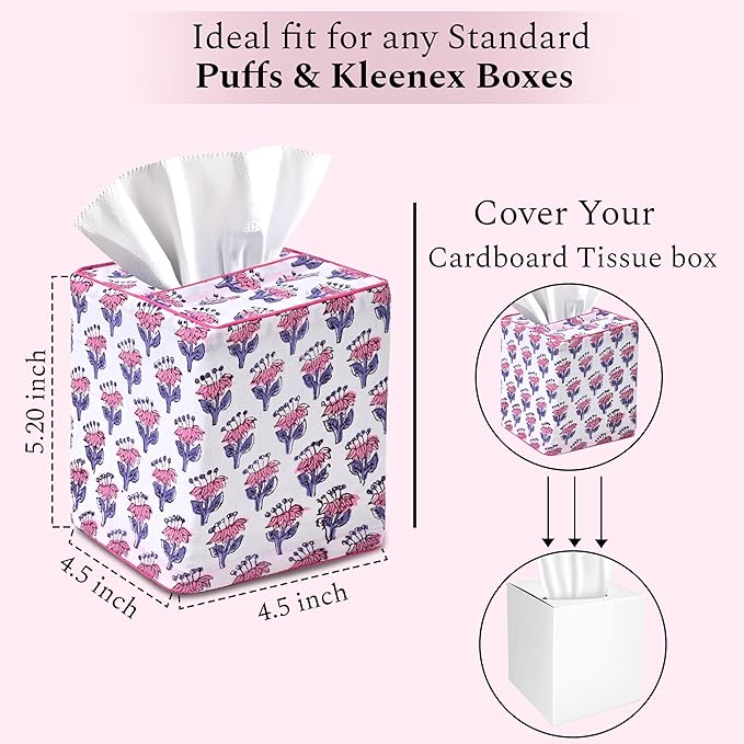CPC Pink Sapphire Hand Block Printed Cotton Tissue Box Cover 5" x 5" x 5.5" - Image 3