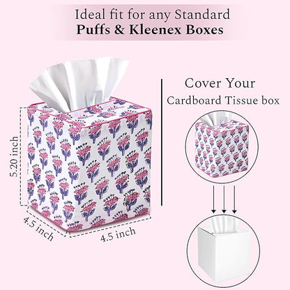 CPC Pink Sapphire Hand Block Printed Cotton Tissue Box Cover 5" x 5" x 5.5" - Image 3