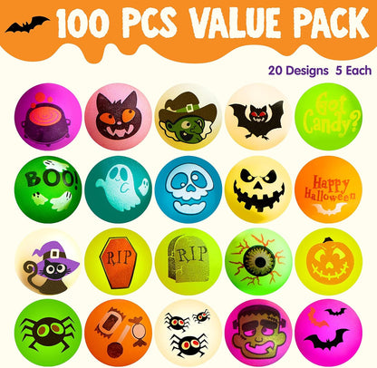 JOYIN 100 PCS Halloween Glow in The Dark Bouncing Balls, 20 Designs Halloween Theme Glowing Bouncy Balls for Halloween Party Supplies, Party Favors, Trick or Treating Goodies