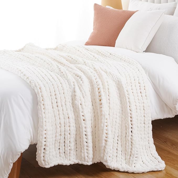 Battilo Cream Chunky Knit Throw Blanket, Soft and Thick White Chenille Throw - Image 6