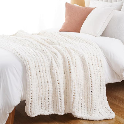 Battilo Cream Chunky Knit Throw Blanket, Soft and Thick White Chenille Throw - Image 6
