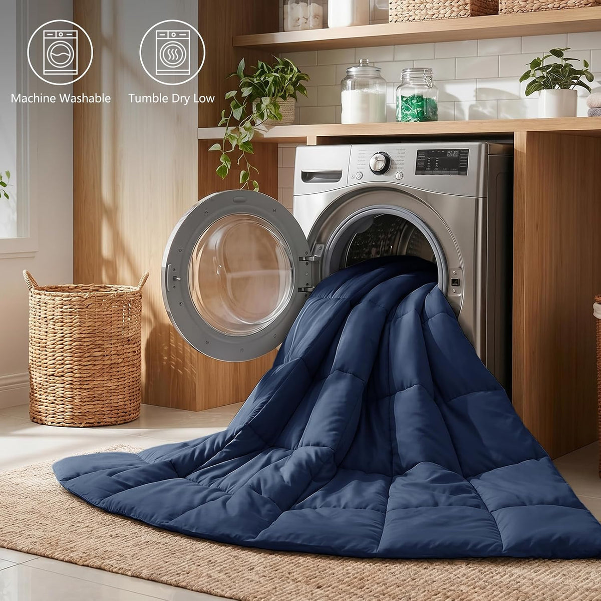 cozylux full size comforter sets, 3-piece box-stitched, navy on a desk or shelf