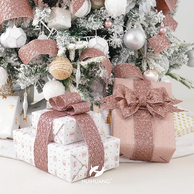 HUIHUANG Rose Gold Glitter Wired Ribbon - Image 3