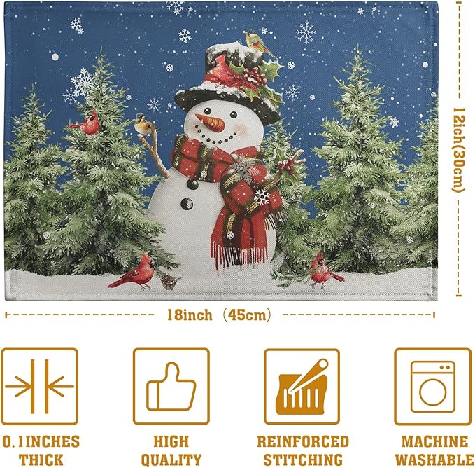 Blue Snowman Christmas Placemats Set of 4 Xmas Tree Cardinal Snowflakes Linen - Image 4