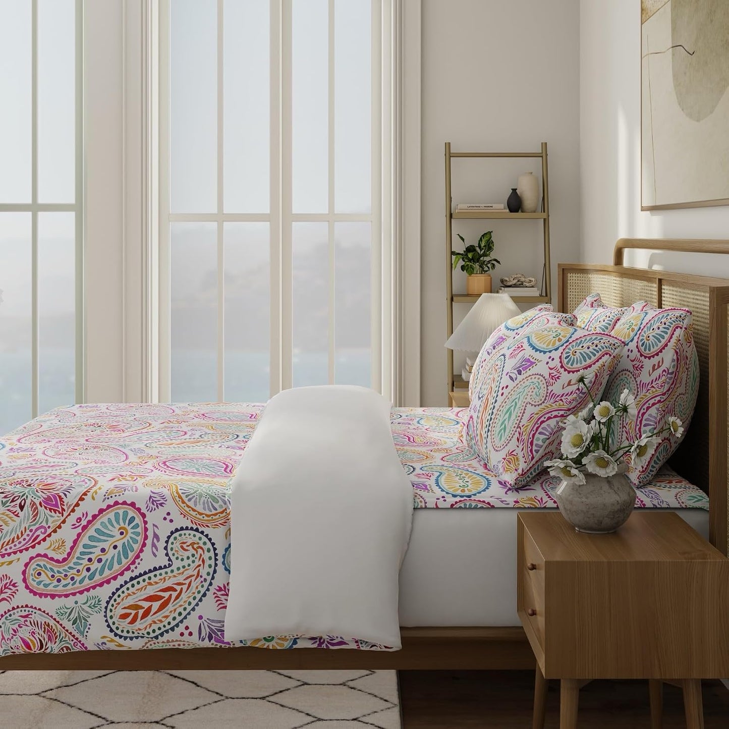QuickZip Duvet Cover with Zipper Closure – Ultra Soft Long-Staple 100% Cotton, Oeko-Tex Certified, Durable Interior Corner Ties, Corner Clips, Full/Queen, Reversible Paisley/White (Sateen)