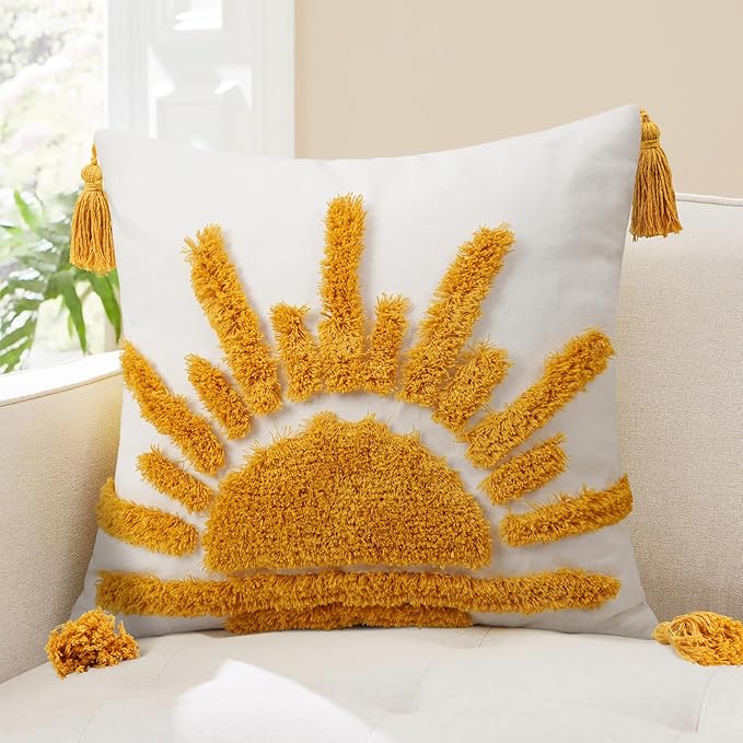 Adabana Boho Decorative Throw Pillow Covers 18x18 Tufted Yellow Sun Sunshine by Adabana