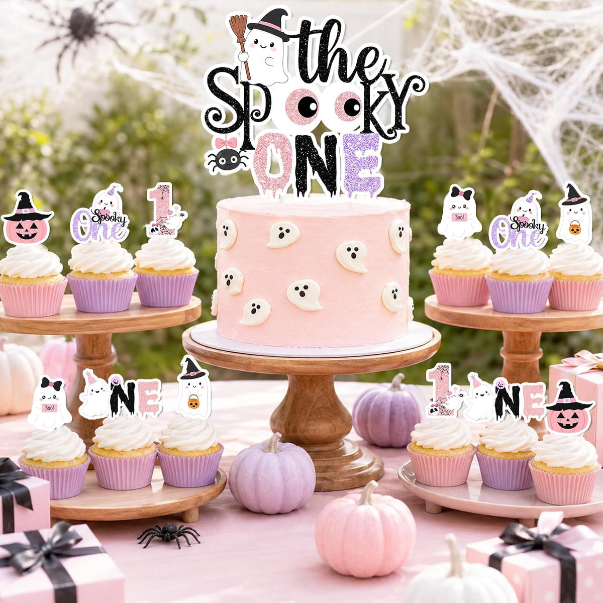Spooky One Birthday Decorations Girl, 276 Pcs Pink Halloween 1st Birthday Party Decorations with Spooky One Plates,Napkins,Banner,Backdrop,Tablecloth and Balloon Arch for Ghost First Birthday