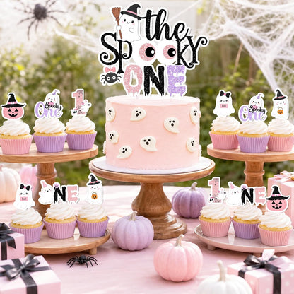 Spooky One Birthday Decorations Girl, 276 Pcs Pink Halloween 1st Birthday Party Decorations with Spooky One Plates,Napkins,Banner,Backdrop,Tablecloth and Balloon Arch for Ghost First Birthday