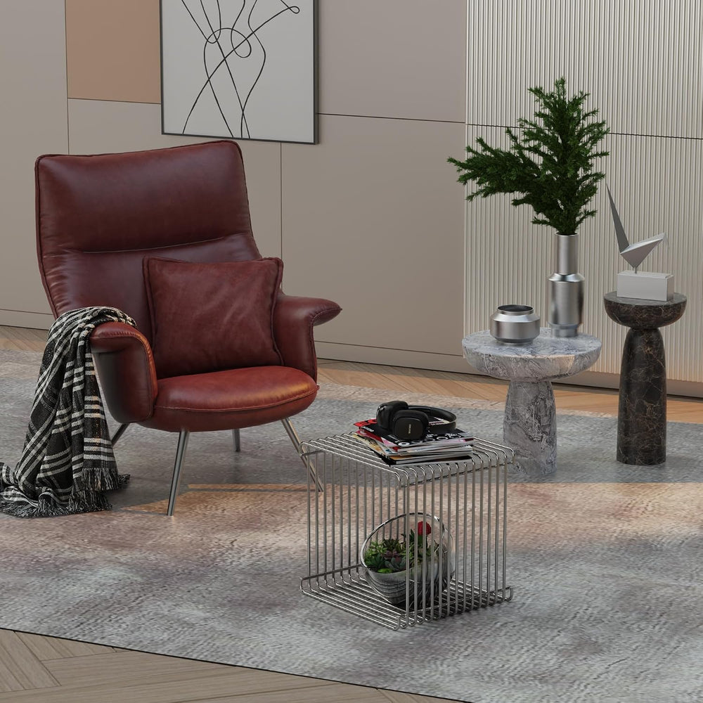 Square Geometry Retro Side Table Prime-Stainless Steel Linear Metal End Table...
