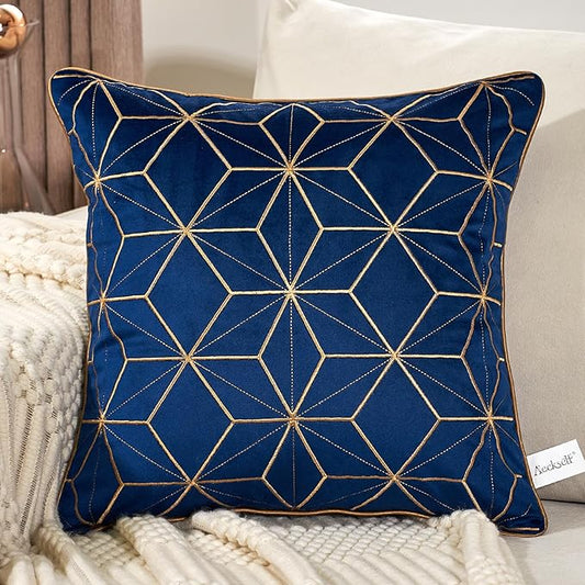 Aeckself 16 x 16 Inch Navy Blue Gold Plaid Geometric Lines Embroidery Velvet by AECKSELF