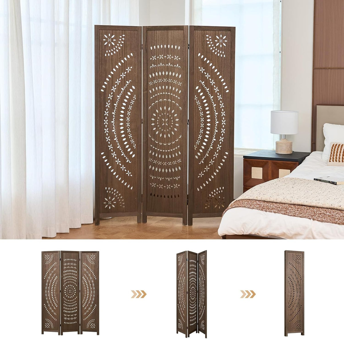 66.9inch folding room divider, 3 panels wood carved, side view