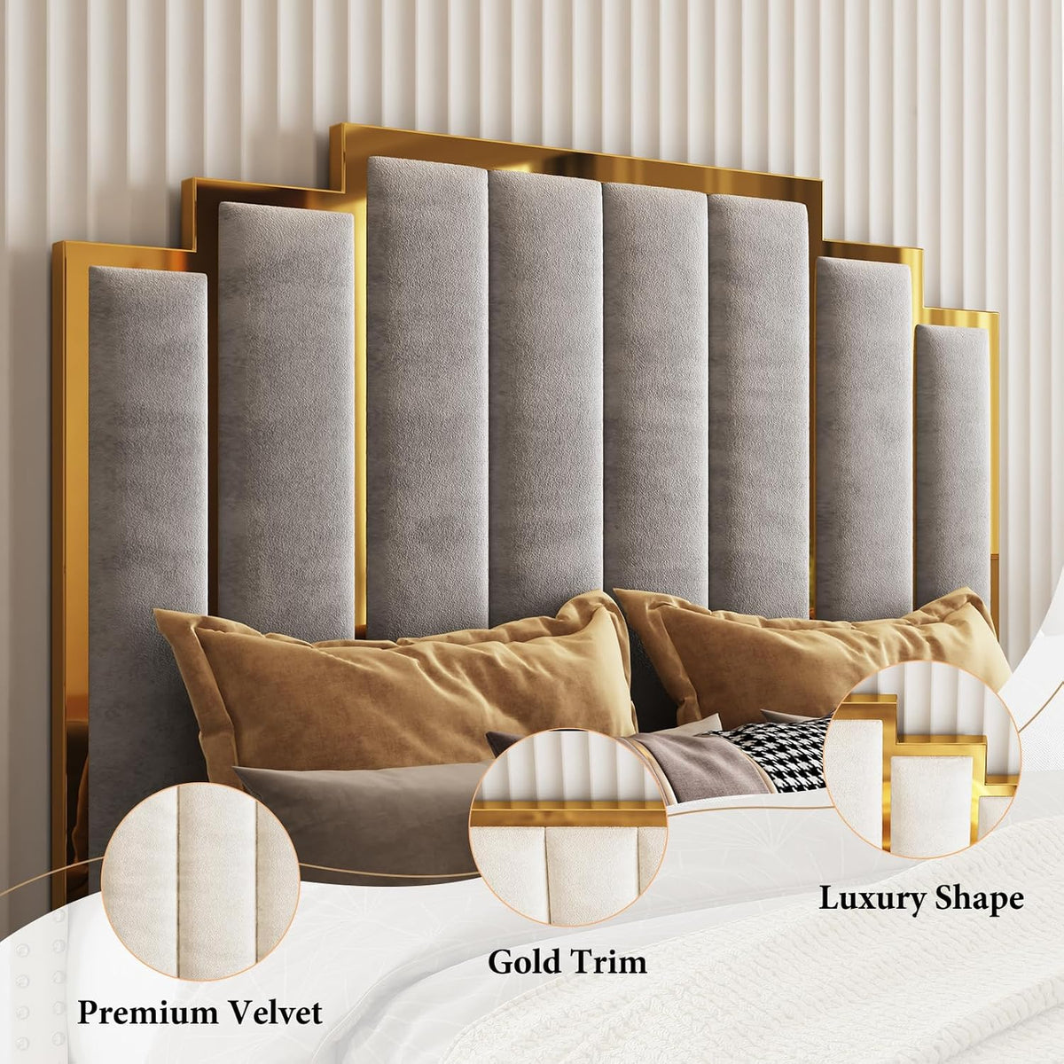 amerlife queen size velvet upholstered bed with gold, side view