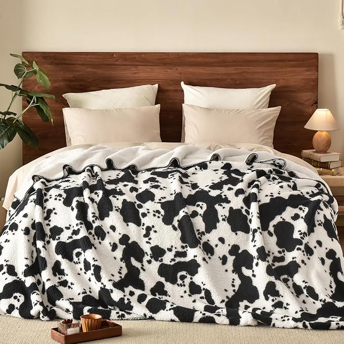 PHF Cute Cow Print Sherpa Blanket Twin Size by PHF