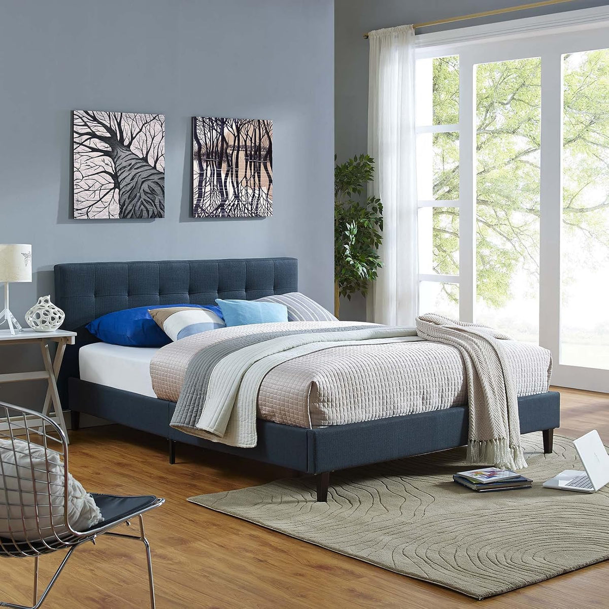modway linnea upholstered azure full platform bed with shown in use