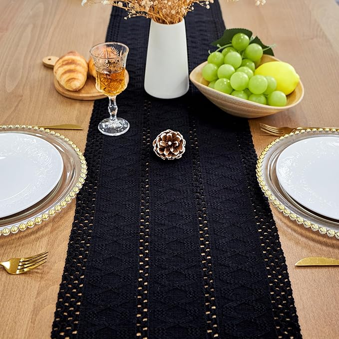 FEXIA Black Table Runner with Tassels 72 Inch Macrame Boho Farmhouse Table - Image 2