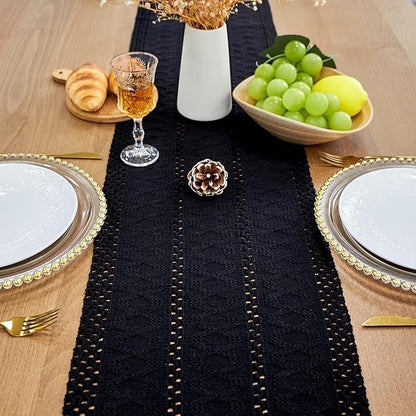 FEXIA Black Table Runner with Tassels 72 Inch Macrame Boho Farmhouse Table - Image 2