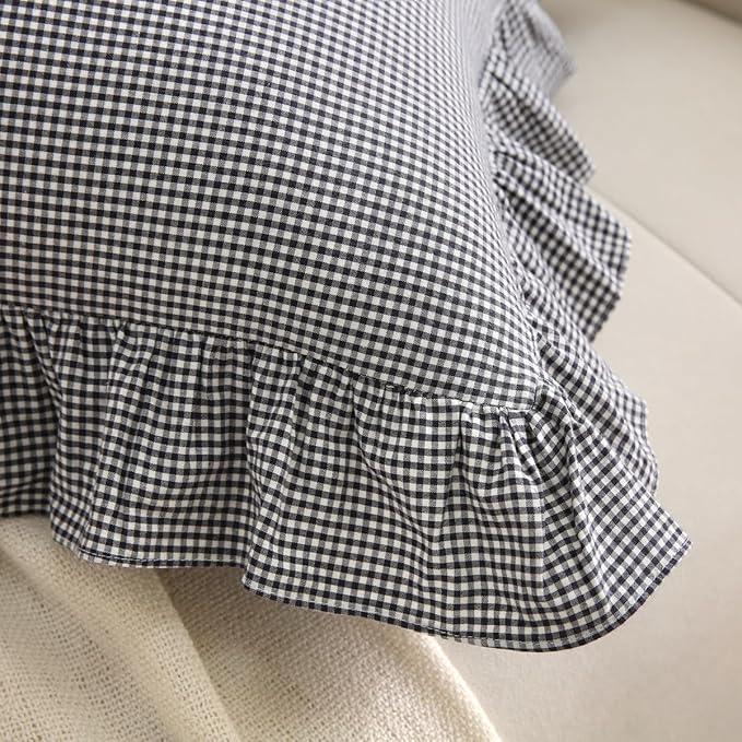 Black/White Plaid Ruffle Throw Pillow Covers Shabby Checkered Gingham 18"x18" - Image 7
