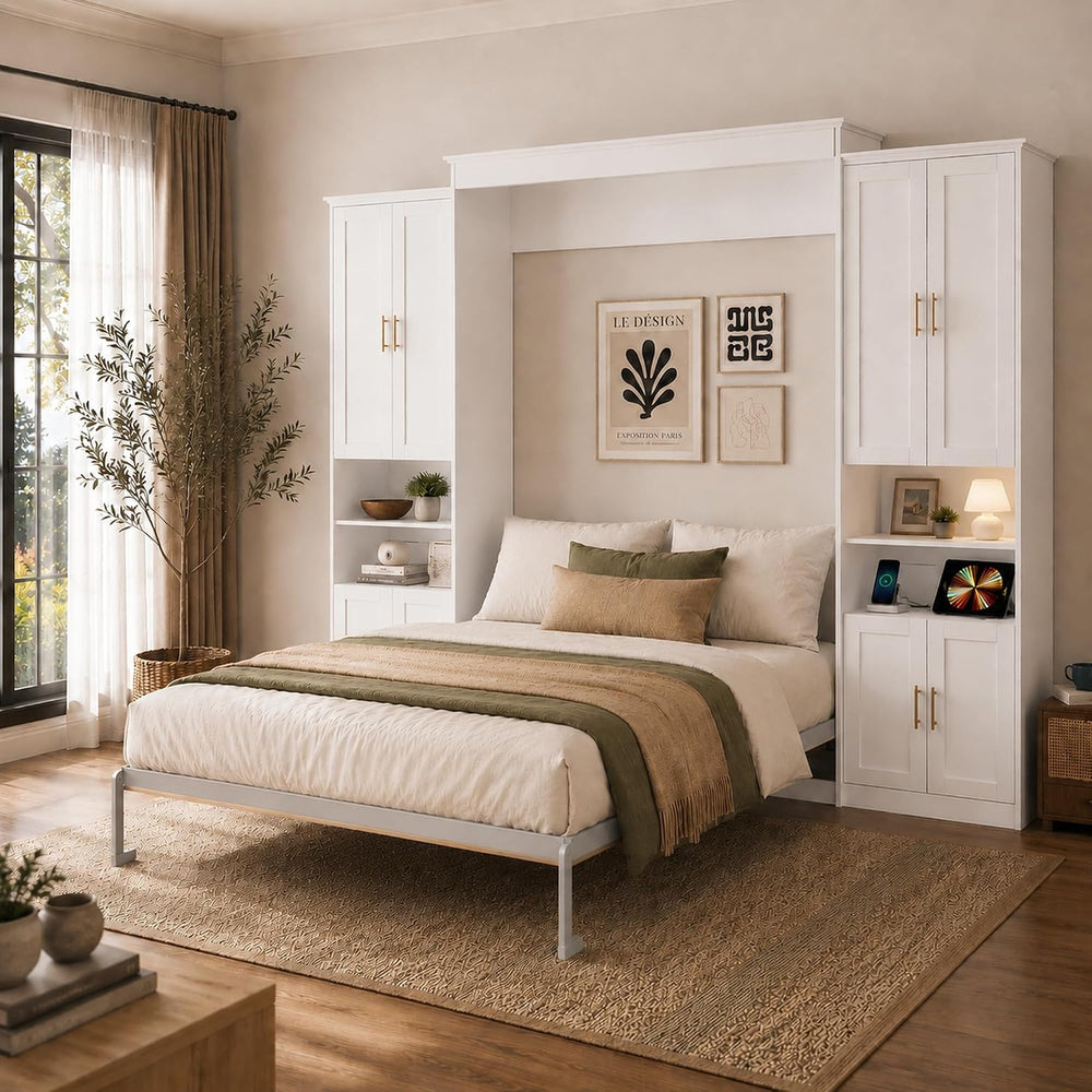 Murphy Bed Queen with 2 Storage Cabinets and USB Port, White
