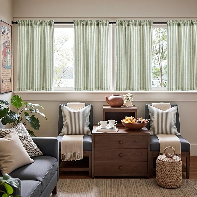 jinchan Linen Kitchen Curtains 36 Inch Length Striped Tier Curtains Ticking - Image 3