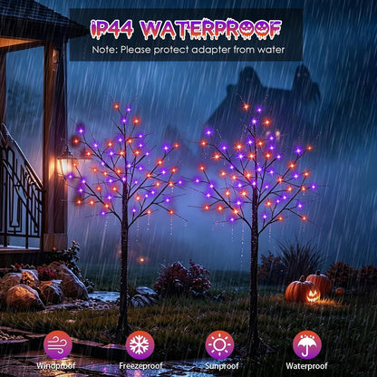 2 Pack 4 FT Lighted Black Halloween Tree Lights with 100 LED Orange Purple