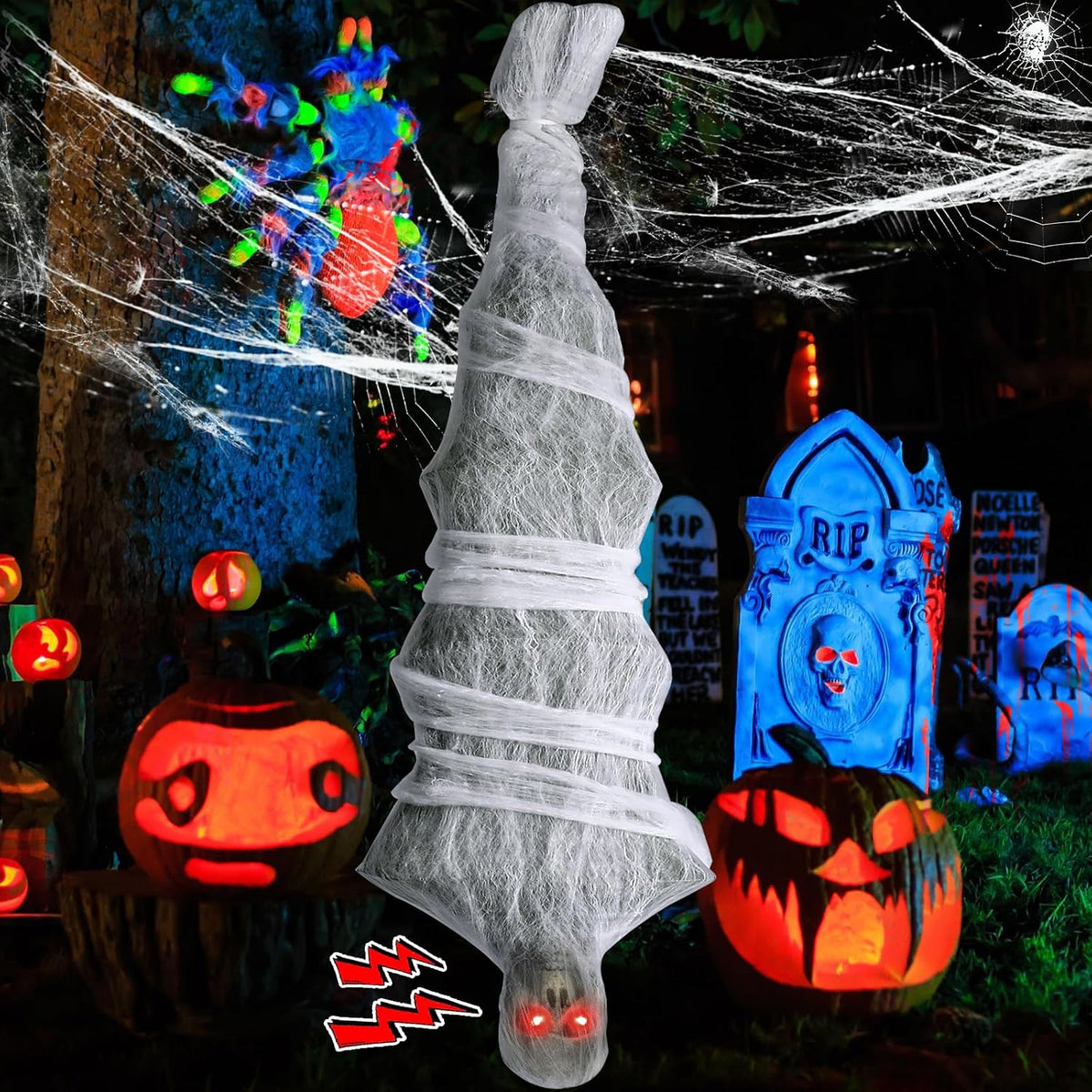 Halloween Decorations, 72 inches Scary Hanging Cocoon Corpse Props with Spooky Sound Effect and Lighted LED Eyes, Halloween Decorations Outdoor for Garden Lawn Indoor