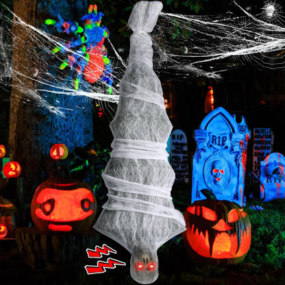 Halloween Decorations, 72 inches Scary Hanging Cocoon Corpse Props with Spooky Sound Effect and Lighted LED Eyes, Halloween Decorations Outdoor for Garden Lawn Indoor