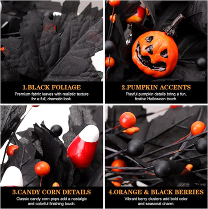 Pumpkin Halloween Wreath 24 Inch Black Maple Leave Wreaths for Front Door with Ghost Pumpkin Orange Berries for Indoor Window Wall Halloween Party