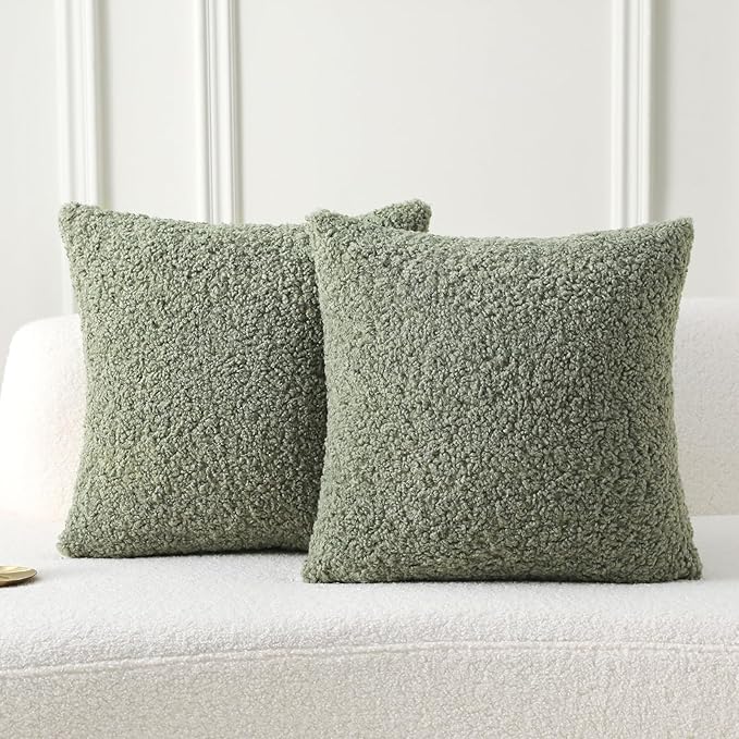 FUTEI Sage Green Throw Pillow Covers 24x24 Inch Set of 2, Furry Faux Fur Teddy by FUTEI