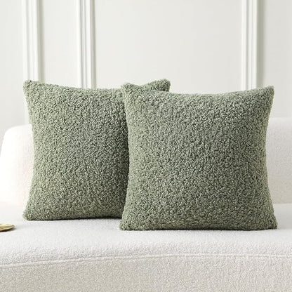 FUTEI Sage Green Throw Pillow Covers 22x22 Inch Set of 2, Furry Faux Fur Teddy by FUTEI