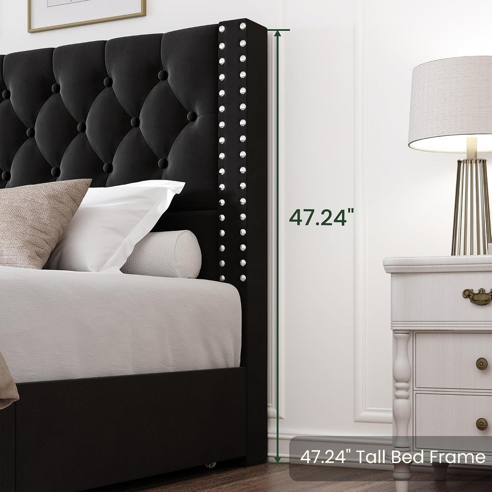 LARMACE Bed Frame King Size with 4 Storage Drawers and Tufted Headboard Velve...