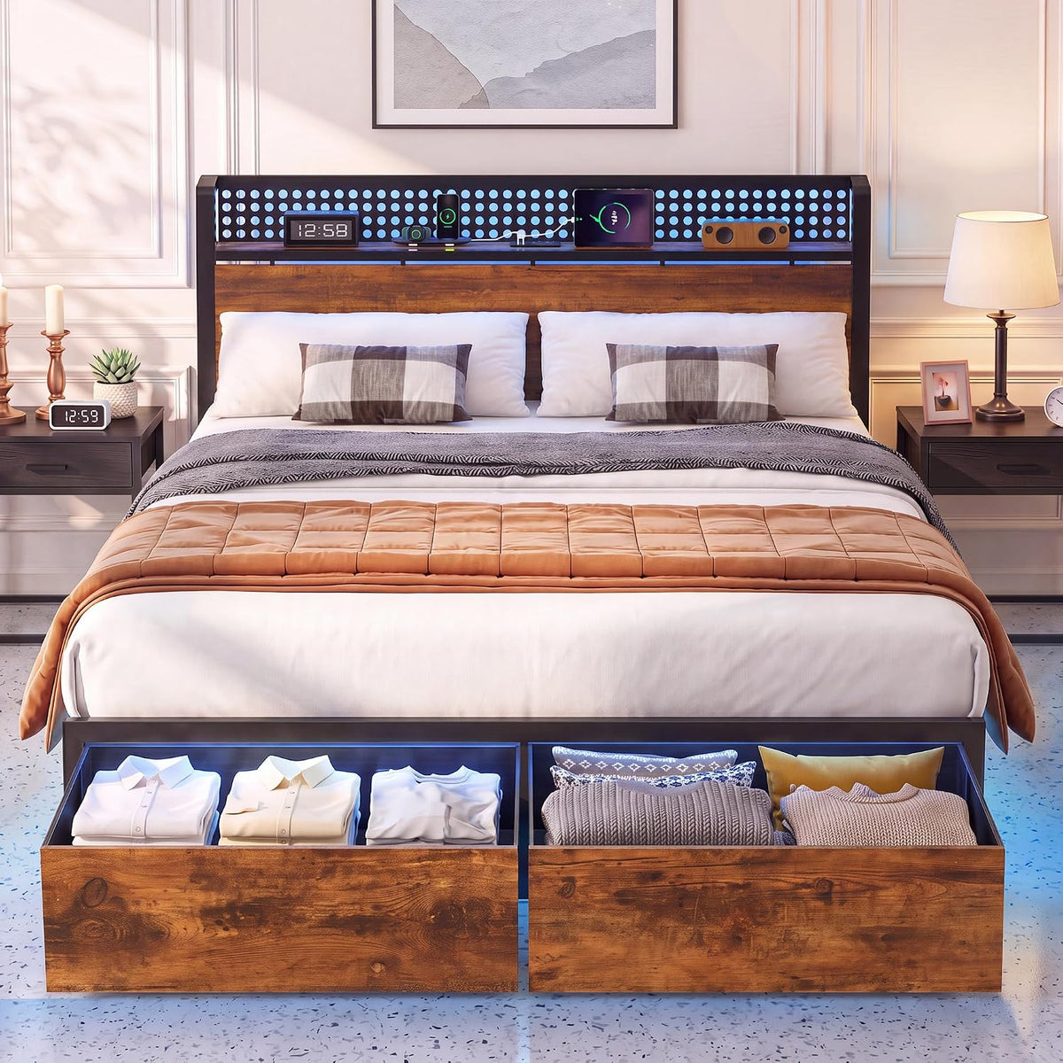 queen bed frame with 2 drawers, platform bed, main product view