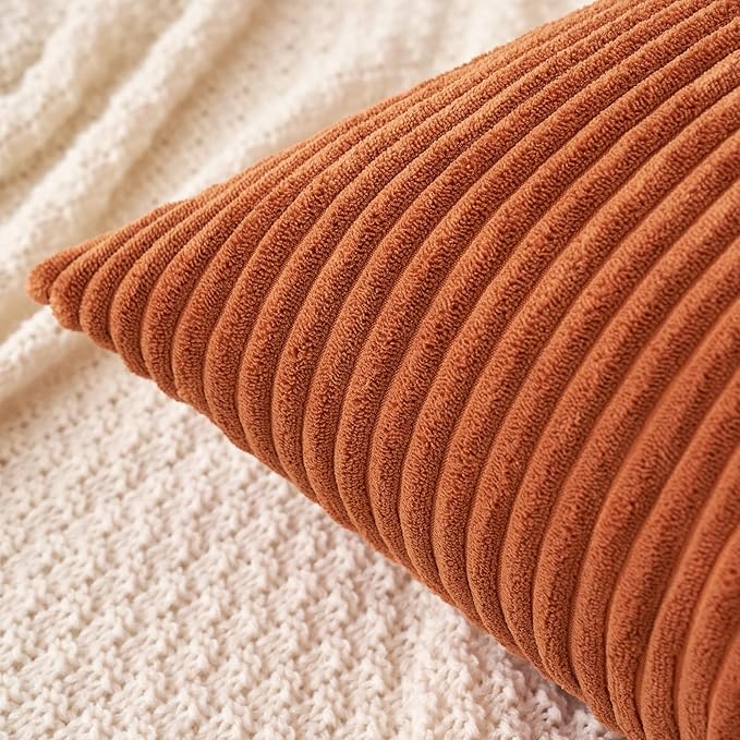MIULEE Pack of 2 Rust Pillow Covers 12x20 Inch Soft Boho Striped Corduroy Throw - Image 2