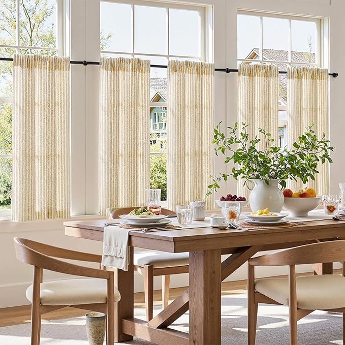 jinchan Striped Linen Kitchen Curtains 45 Inches Length Tier Curtains Farmhouse - Image 3