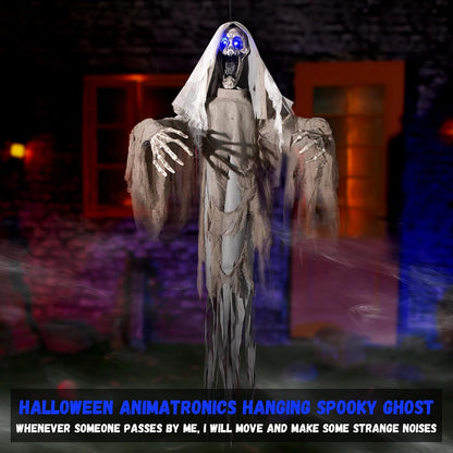 Halloween Animatronics Decorations Scary Hanging Ghost, 59'' Animated Halloween Skeleton Decor Motion Activated with Creepy Sound, Light Up Eyes, Party Decorations for Haunted House Indoor Outdoor