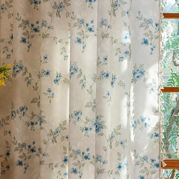 ENJOYBRIDAL Blue Floral Curtains 84 Inch Long Bedroom Cute Drapes Rod Pocket - Image 6