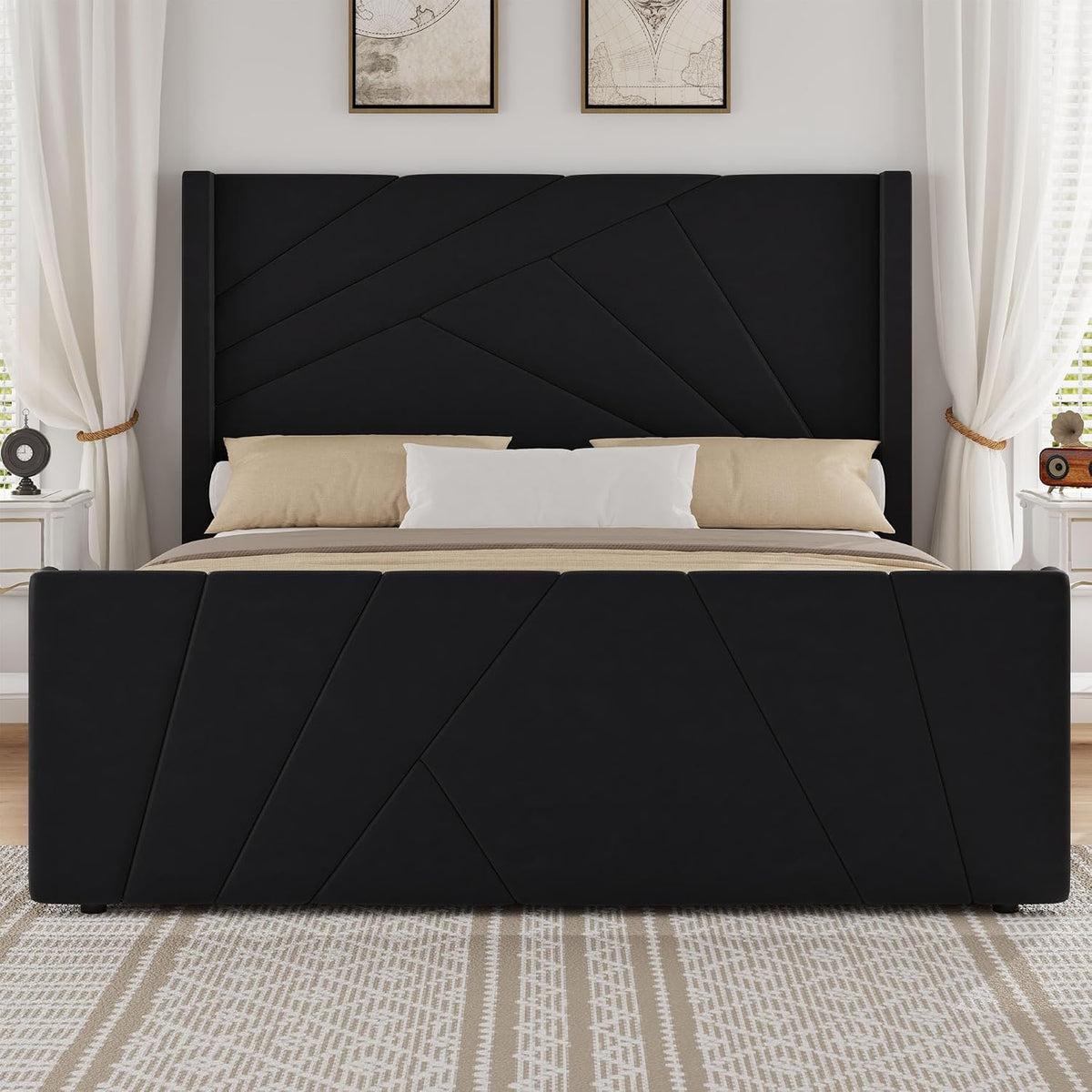 barnfurin queen bed frame with geometric wingback headboard, close-up detail