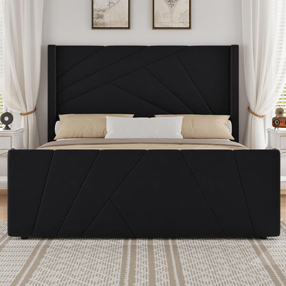barnfurin queen bed frame with geometric wingback headboard, close-up detail
