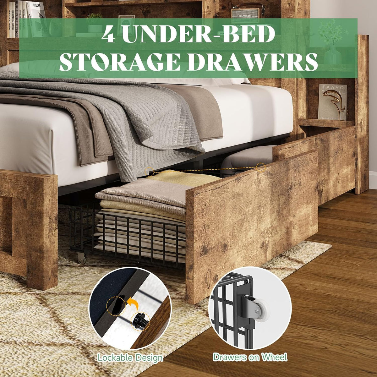 amerlife queen bed frame with bookcase headboard & showing dimensions