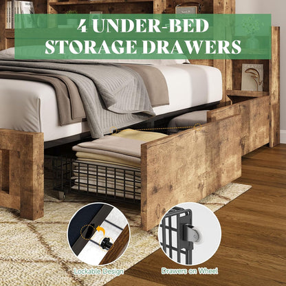 amerlife queen bed frame with bookcase headboard & showing dimensions