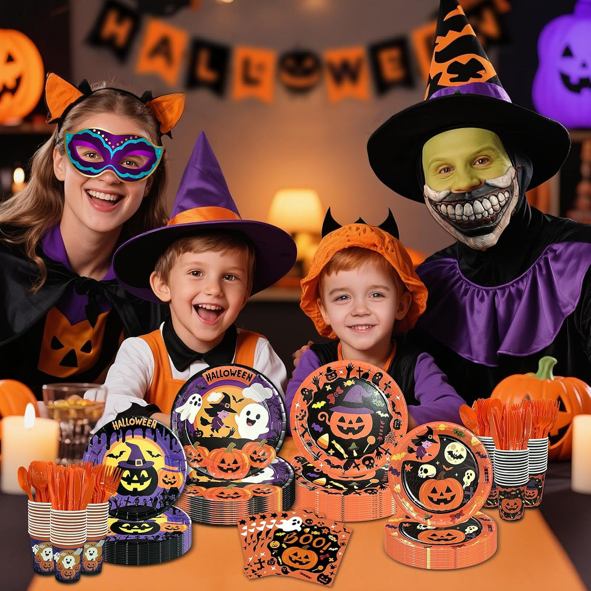 UJoyant 350 PCS Halloween Plates and Napkins Sets, Halloween Party Supplies Includes Disposable Plates Dessert Plates Napkins Cups Plastic Knives Forks Spoons Disposable Dinnerware Set (50 Guest)