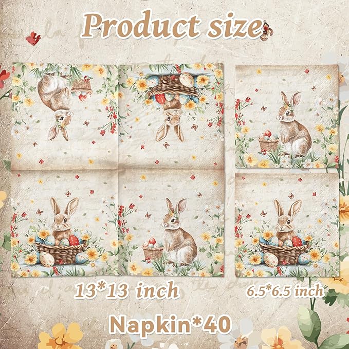 40Pcs Easter Paper Napkins, Easter Party Decoration Retro Easter Bunny Party - Image 6