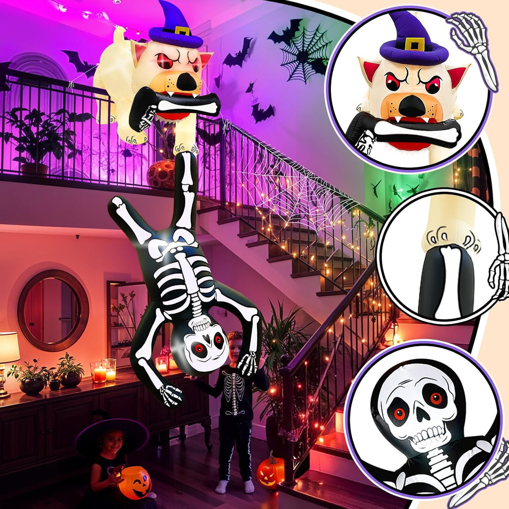 8FT LED Lighted Up Halloween Inflatables Dog Pulling Skeleton Blow Ups