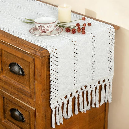 Fexia Table Runner with Tassels Boho Macrame 72 Inches Long Cream Rustic Table by FEXIA