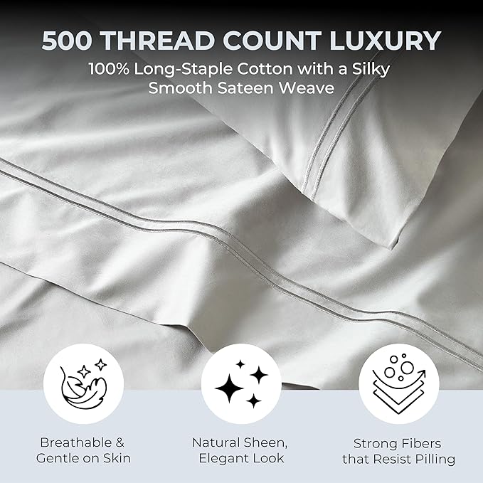 100% Natural Cotton Bed Sheets | 500 TC Single-Ply Sateen Weave King Size - Image 2