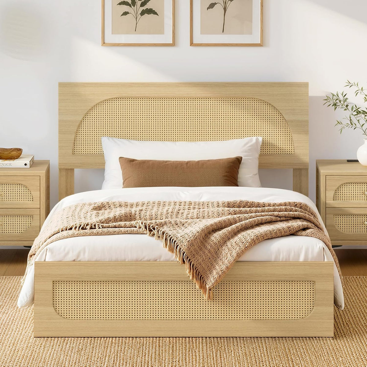 kislot boho rattan bed frame, farmhouse platform, natural, main product view