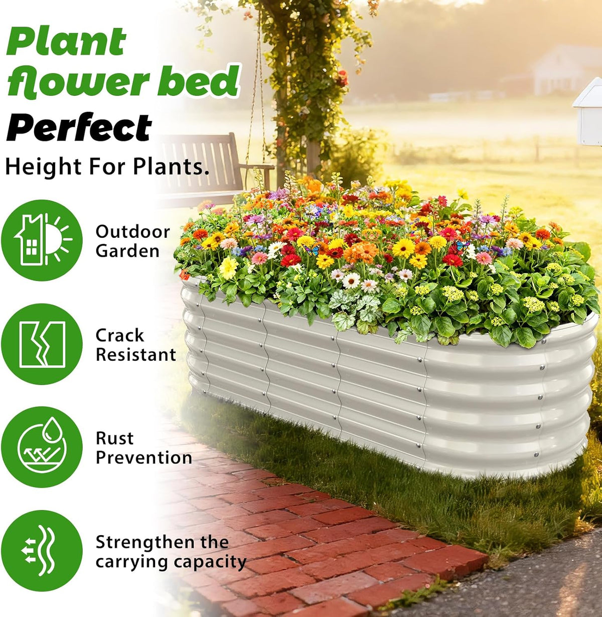 17" tall oval-shaped / elliptic metal raised garden shown in use