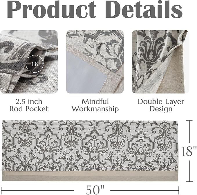 jinchan Linen Valance Curtain for Kitchen Vintage Damask Floral Blackout - Image 6